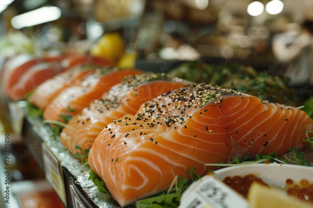 Poster a photograph of a grocery store showcasing fish labeled with warnings about mercury and other pollut