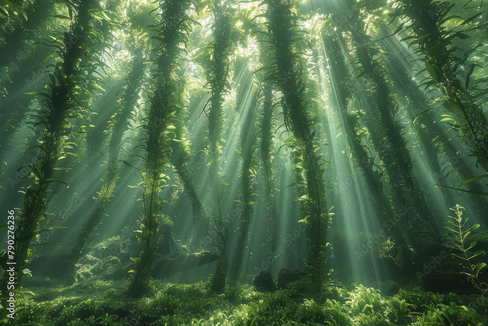 Poster A photograph of a kelp forest with sunlight filtering down through the tall algae, creating a dynami
