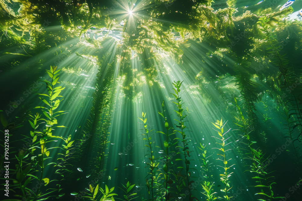 Aufkleber A photograph of a kelp forest with sunlight filtering down through the tall algae, creating a dynami