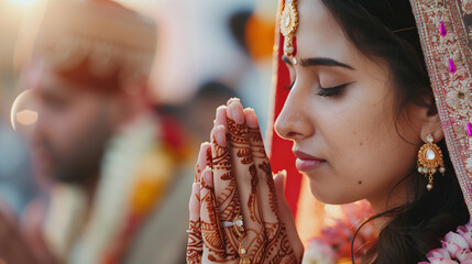 copy space, stockphoto, Young Indian couple praying in a temple, close-up portrait. Hidden camera photo of a young Indian couple praying. Hindu religion. - obrazy, fototapety, plakaty