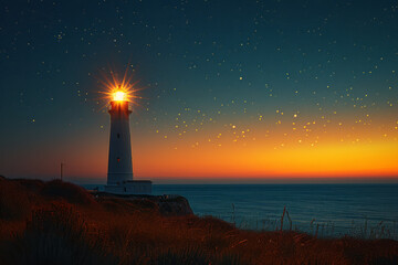 A photograph of a lighthouse standing against the sunset, its light beginning to shine as the sky da