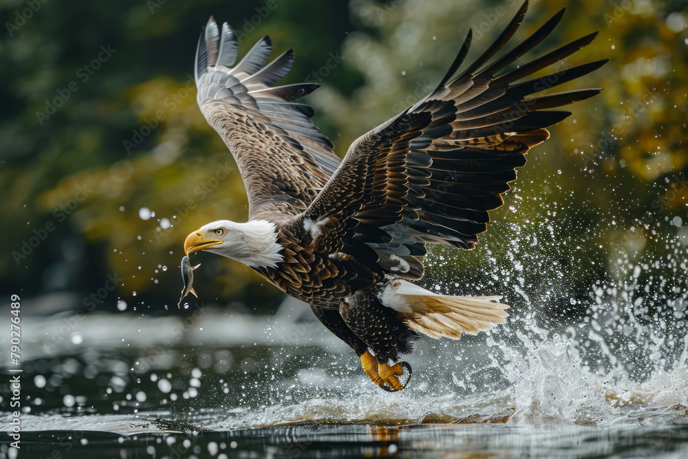 Poster a photograph of a majestic bald eagle swooping down to snatch a fish from a sparkling river, demonst