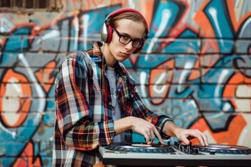 portrait of a young male nerd, pretending to be a DJ with records and wearing headphones, set against a graffiti-style background - obrazy, fototapety, plakaty
