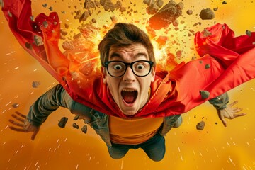 portrait of a young male nerd, pretending to fly with a cape, his expression ecstatic, set against a bright, comic book-style explosion background - obrazy, fototapety, plakaty