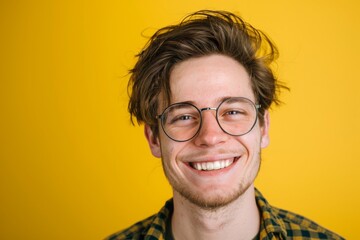 young male nerd with oversized glasses and a quirky grin, his hair unkempt, against a bright yellow background that highlights his playful personality