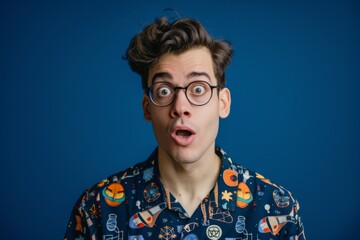 Fototapeta premium expressive portrait of a young male nerd, surprised expression with eyebrows raised, wearing a vintage science-themed shirt, against a deep blue background