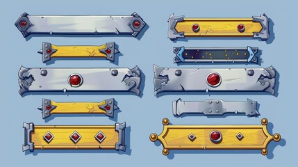 A set of yellow and grey plank bars decorated with cast iron ornaments and red gemstones isolated on a blue background. A cartoon modern illustration of yellow and grey plank bars. - obrazy, fototapety, plakaty