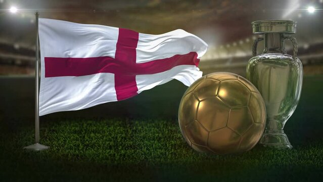 England Flag With Football And Cup Background Loop