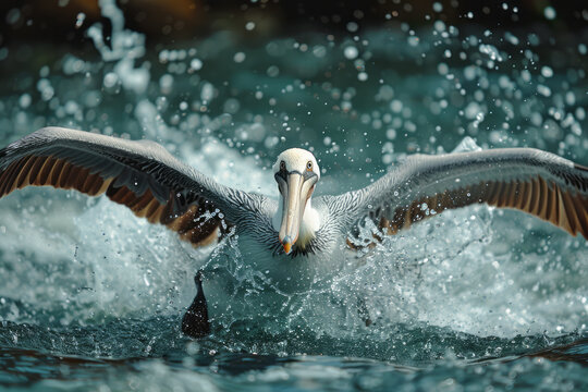 A photograph of a pelican diving into the water to catch fish, showcasing its incredible hunting ski
