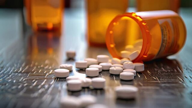 Several pills have spilled out of a prescription bottle, creating a scattered mess on a table, Pharmaceutical industry's role in the opioid crisis