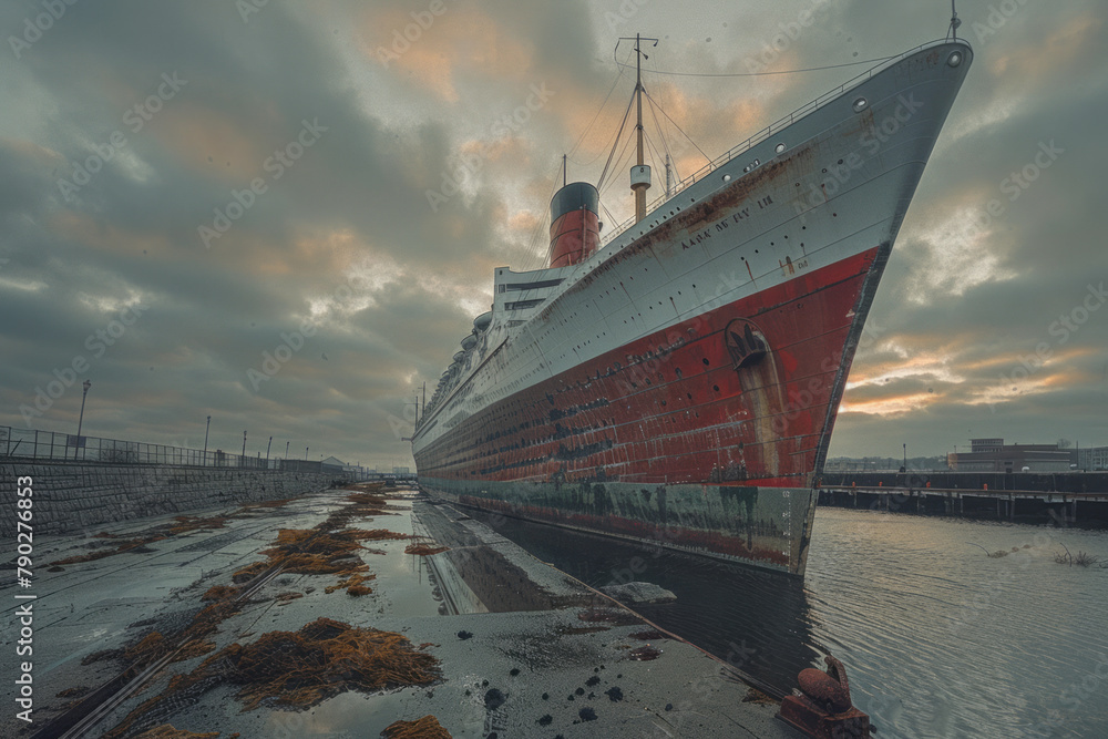 Poster a photograph of a retired ocean liner, now a floating museum, where visitors can learn about the gol