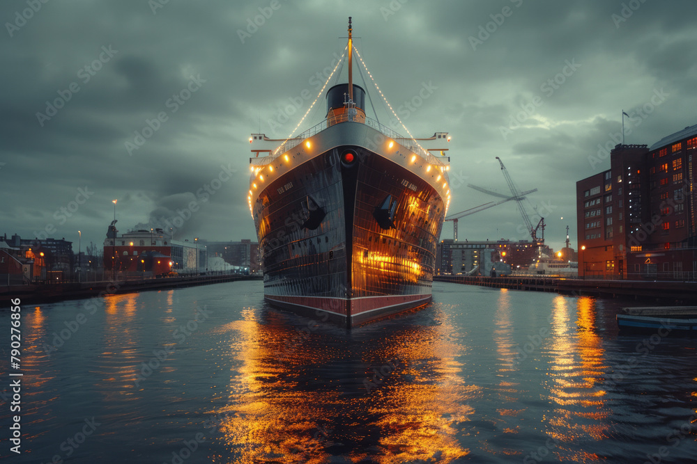 Poster a photograph of a retired ocean liner, now a floating museum, where visitors can learn about the gol