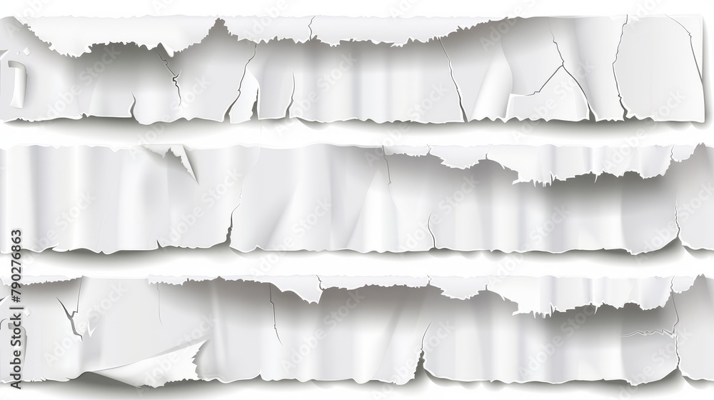 Poster the scene depicts white ripped paper strips with torn ragged edges. there are also sticky notes and 