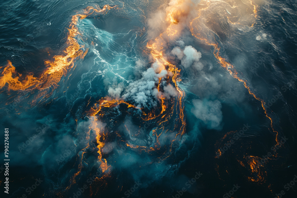 Poster a photograph of a satellite image display showing the extent of a large oil spill spreading across t