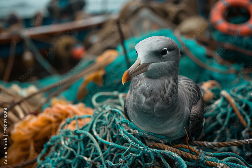 Poster a photograph of a seabird entangled in plastic netting, illustrating the dangers that discarded fish