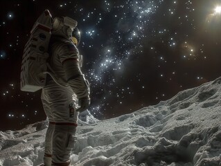 A man in a spacesuit stands on a snowy surface looking up at the stars. Concept of wonder and exploration, as the astronaut is gazing at the vast expanse of the universe