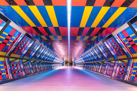 Canary Wharf, London, United Kingdom - April 20, 2024: A colorful abstract decoration artwork design of the Adam's Plaza Bridge