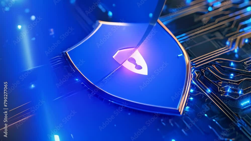 Poster a blue shield is securely placed on top of a computer circuit board, providing protection and securi