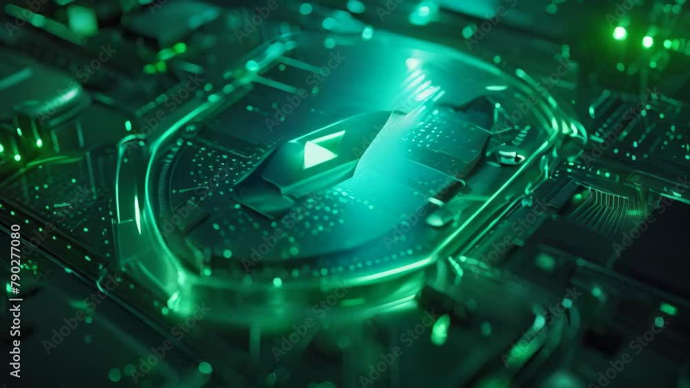 Poster close up of clock on top of computer chip, protective shield deflecting cyber threats in a computer 