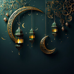 Obraz na płótnie Canvas A golden crescent moon hanging lanterns, on a dark green background with Islamic motifs