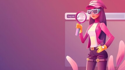 The landing page for keyword ranking, UI ux mobile application onboarding screen, and SEO analysis tools. The cartoon linear modern web banner is composed of a female character with magnifier, the