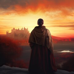 A medieval woman in brown robes, seen from behind looking at the horizon with an ancient castle far away under orange sunset sky.