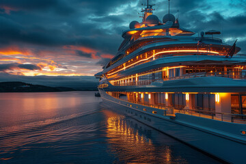Obraz premium A photograph of a state-of-the-art cruise ship at sunset, its decks aglow with lights, offering a mo