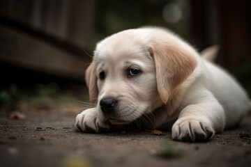 Cute Labrador puppy lying on the ground sad and depressed. His head resting between two paws, copy space for a text. Rescue and help abandoned animals, pets adoption concept.