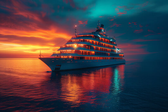 A photograph of a state-of-the-art cruise ship at sunset, its decks aglow with lights, offering a mo