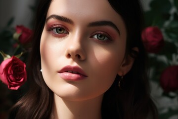 A closeup portrait of an elegant woman with long dark hair, wearing pink eyeshadow, eyeliner and  blush on her cheeks, looking straight ahead with roses in the background. 