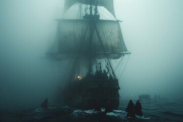 A photograph of an ancient mariner's ghost ship, sailing forever on misty seas, crewed by spectral f