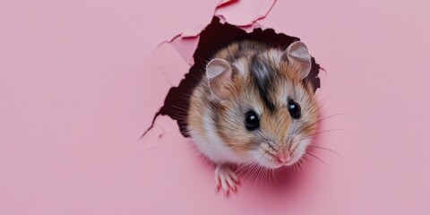 Close up view picture of the hollow pink hole on the the wall that show the hamster stay inside the wall that has been made from some material yet still can break to look through other side. AIGX03.