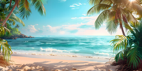 Tropical beach with palm trees, blue ocean, sandy shore, and clear sky. Ideal for vacation and travel concept.
