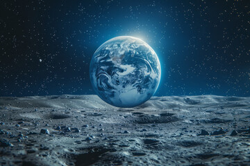 A photograph of Earth as seen from the Moon, the planet appearing as a bright blue marble against th - obrazy, fototapety, plakaty