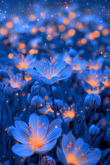 A field of blue flowers with a glowing effect