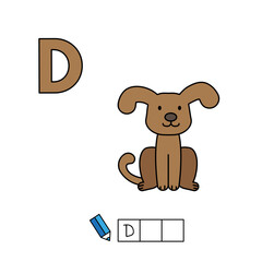 Alphabet with cute cartoon animals isolated on white background. Learning to write game for children education. Vector illustration of dog and letter D
