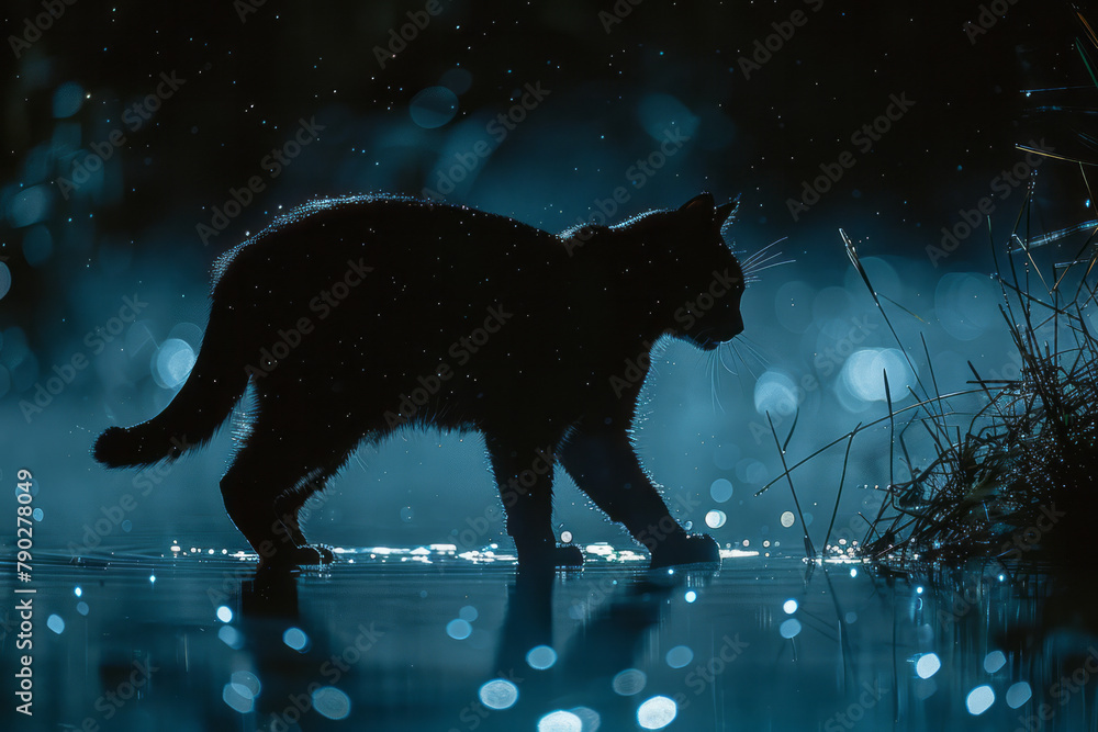 Poster a scene capturing the silhouette of a cat as it walks along the edge of a pond at night, its shadow