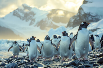 Fototapeta premium A scene capturing the quirky sight of a group of penguins waddling along an icy landscape, their soc