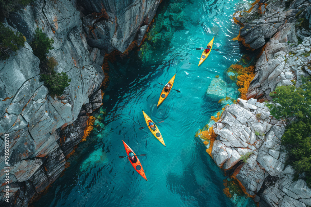 Poster a scene depicting a group of kayakers navigating through a serene fjord, their colorful kayaks contr