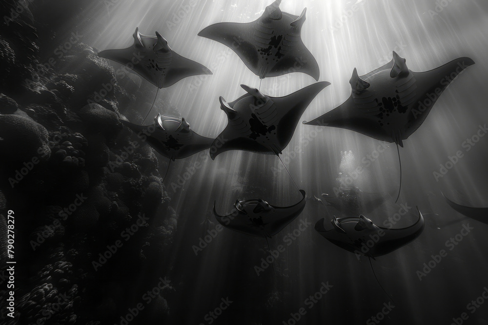 Poster a scene depicting a group of manta rays gliding through the water, their massive wings creating gent