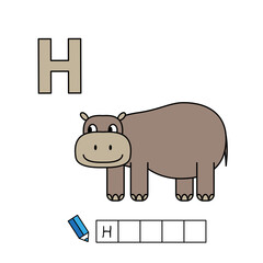 Alphabet with cute cartoon animals isolated on white background. Learning to write game for children education. Vector illustration of hippo and letter H