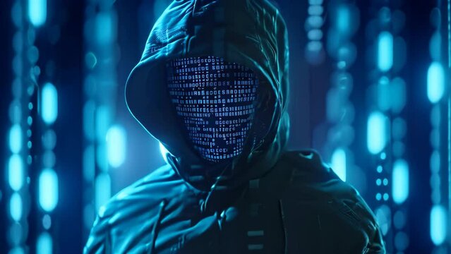 A man wearing a hooded jacket stands in front of a wall covered with numerical digits, Ransomware portrayed as a threatening figure