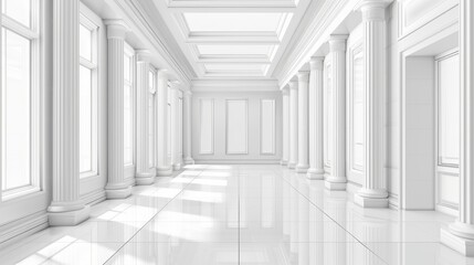 Interior of an empty modern hall in perspective. White walls, columns, niches, inclining walls, modern illustration.