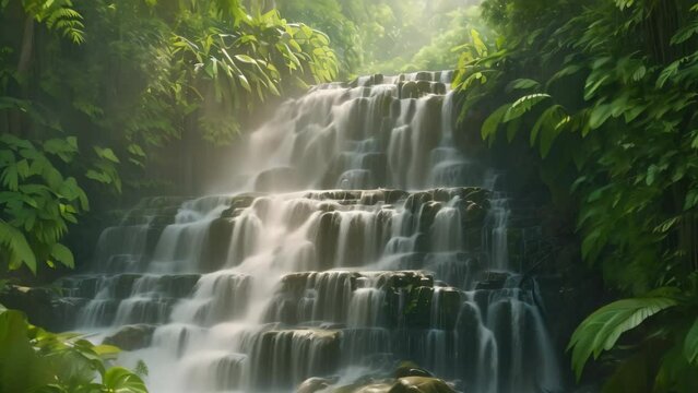 A large, powerful waterfall cascades down rocks in the middle of a dense forest, creating a dramatic and awe-inspiring natural spectacle, River base waterfall in a thick rainforest