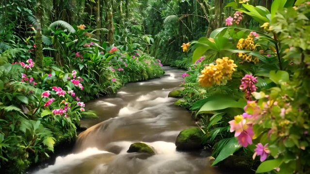 A crystal-clear stream winds its way through a vibrant and lush green forest filled with dense foliage and towering trees, River bordered by orchids in a rich rainforest