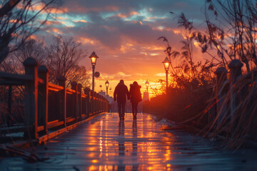 A scene depicting a quiet boardwalk, with couples strolling and enjoying the romantic atmosphere cre