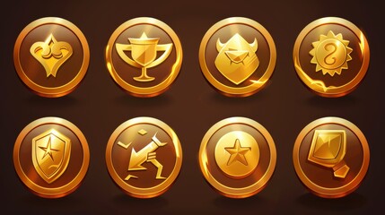 Modern cartoon symbol set of golden coins, stars, and lightning signs for game interfaces. Icons of trophy, award, bonus, rating.
