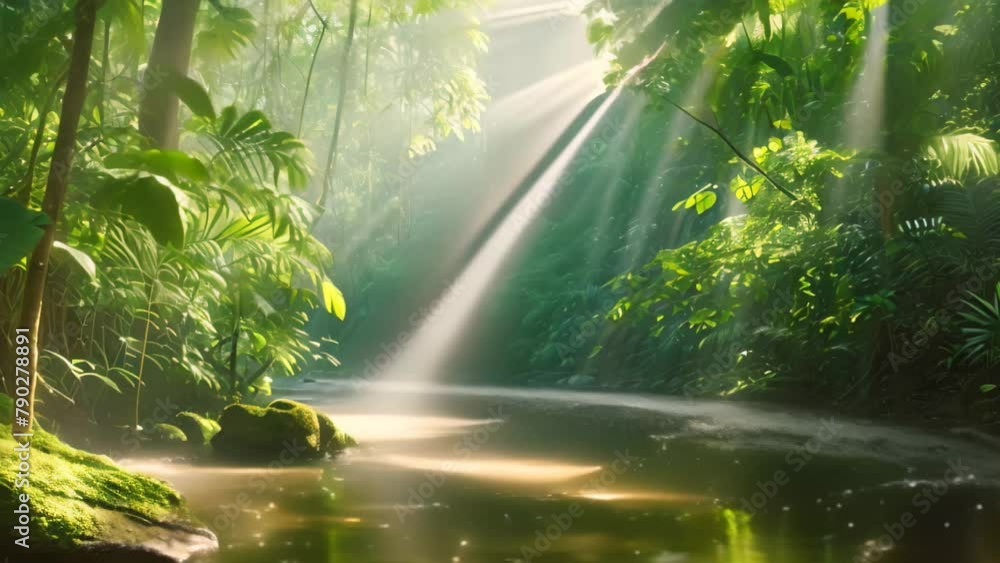 Poster a stream flows through a dense green forest, adding movement and life to the vibrant scenery, river 