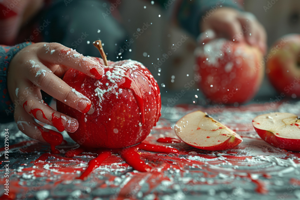Poster a scene of a child pressing a halved apple dipped in red paint onto paper, creating a series of appl