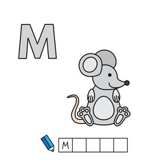 Alphabet with cute cartoon animals isolated on white background. Learning to write game for children education. Vector illustration of mouse and letter M